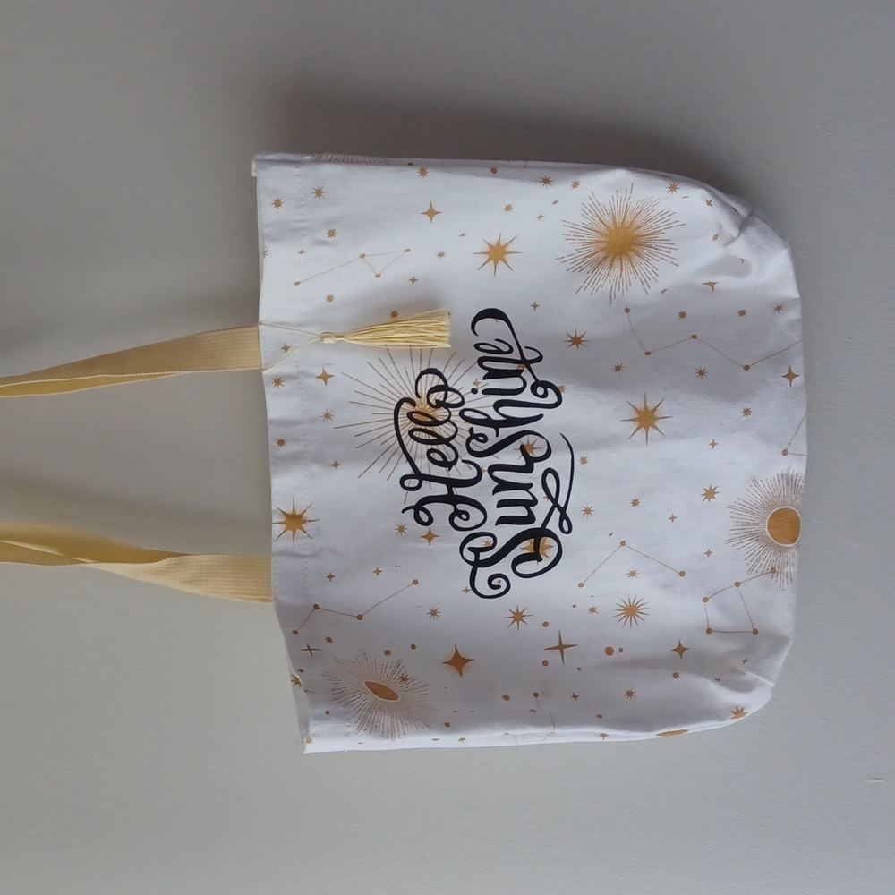 'Hello Sunshine' Sun, Stars, and Constellation tote bag with tassel